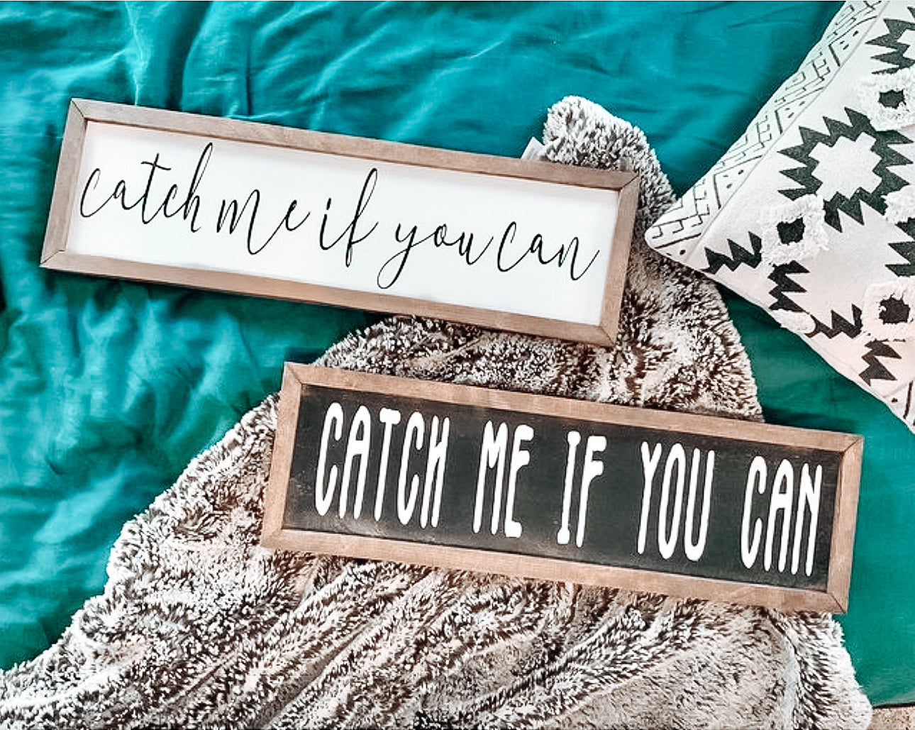 A modern boho style word sign with black background and white letters ‘Catch Me If You Can’, made for kids that are always on the go! Add the finishing touches to their gallery wall, by Handmade Nest Co.